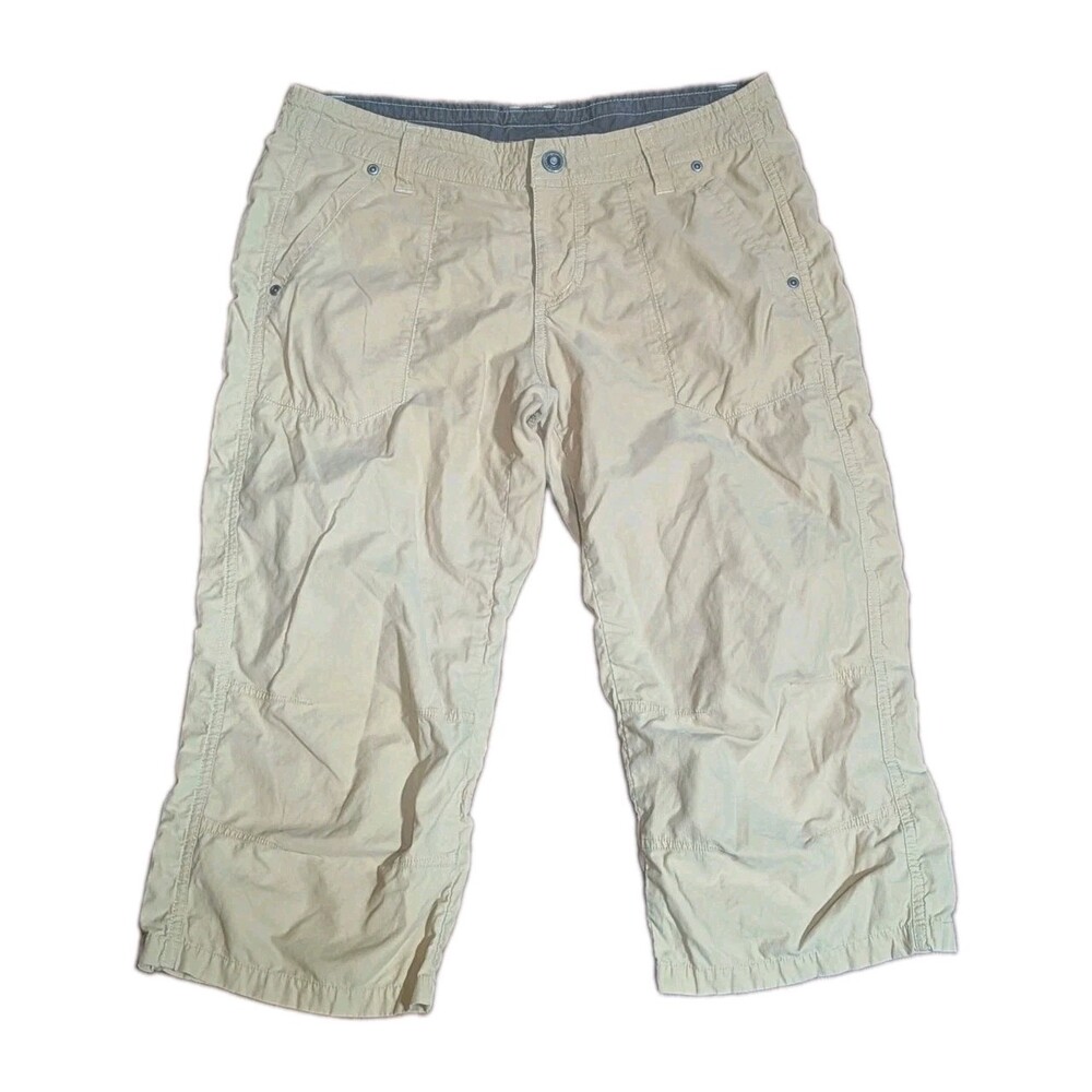 KUHL Cargo Capri Shorts Womens 6 Kontra Tan Beige Hiking Drawstring Embroidered